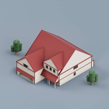 Ağaçlı, minyatür gayrimenkullü, beyaz ve kırmızı renklerde, 3D renkte, yüksek çözünürlüklü, hiç kimse.