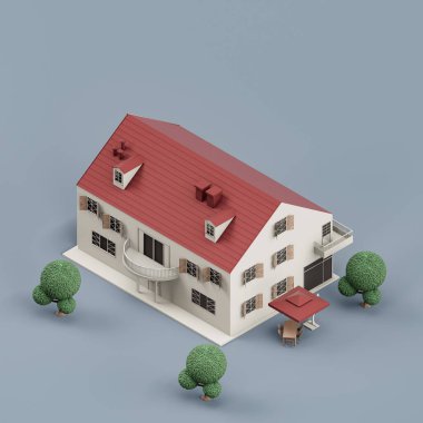 İzometrik bir bina, ağaçlı çok katlı bir bina, minyatür bir emlak mülkü, beyaz ve kırmızı renkli bir ev, 3 boyutlu renkler, yüksek çözünürlük, hiç kimse.