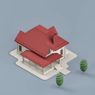 Ağaçları olan Isometric ayrık ev, minyatür ayrık ev modeli beyaz ve kırmızı renkler, 3D renkler, yüksek çözünürlük, hiç kimse