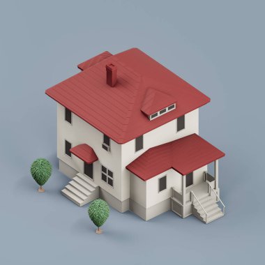 Ağaçları olan Isometric ayrık ev, minyatür ayrık ev modeli beyaz ve kırmızı renkler, 3D renkler, yüksek çözünürlük, hiç kimse