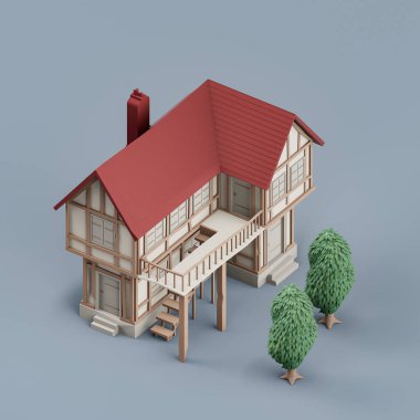 Isometric mülk, ağaçlı tek köy evi, minyatür emlak mülkü, beyaz ve kırmızı renkler, 3D renkler, yüksek çözünürlük, hiç kimse.