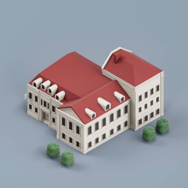 İzometrik bir bina, ağaçlı çok katlı bir bina, minyatür bir emlak mülkü, beyaz ve kırmızı renkli bir ev, 3 boyutlu renkler, yüksek çözünürlük, hiç kimse.