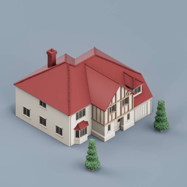 Ağaçlı, minyatür gayrimenkullü, beyaz ve kırmızı renklerde, 3D renkte, yüksek çözünürlüklü, hiç kimse.