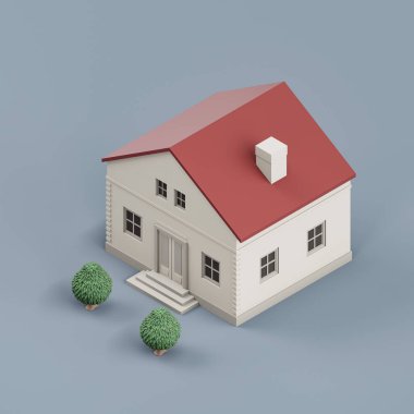 Ağaçları olan Isometric ayrık ev, minyatür ayrık ev modeli beyaz ve kırmızı renkler, 3D renkler, yüksek çözünürlük, hiç kimse