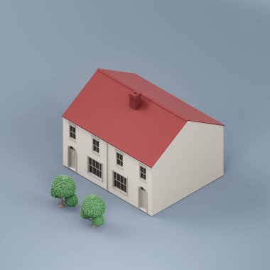 Ağaçlı, minyatür gayrimenkullü, beyaz ve kırmızı renklerde, 3D renkte, yüksek çözünürlüklü, hiç kimse.