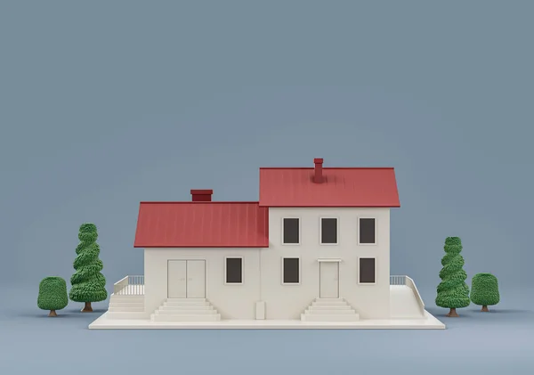 Imóvel Casa Única Com Árvores Modelo Casa Miniatura Branco Vermelho — Fotografia de Stock