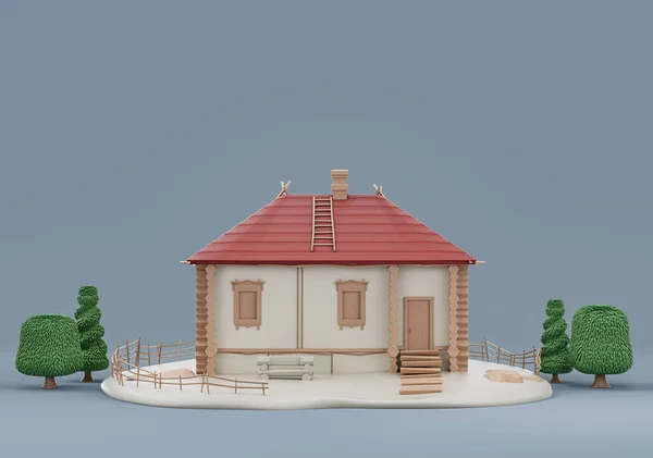Immobilien Einfamilienhaus Mit Bäumen Miniatur Hausmodell Weißer Und Roter Farben — Stockfoto
