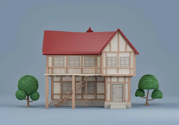 Nieruchomość Pojedynczy Dom Wiejski Drzewami Miniaturowy Model Domu Białe Czerwone — Zdjęcie stockowe