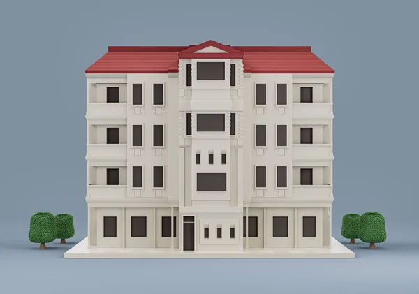 Нерухомість Високогірна Багатоповерхова Будівля Деревами Мініатюрний Будинок Модель Білого Червоного — стокове фото