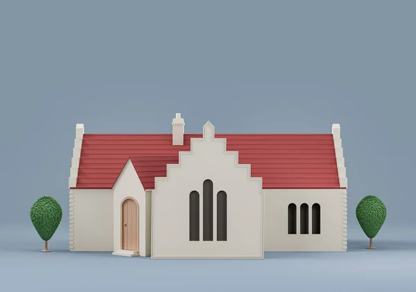 有风格的礼拜场所 有树木的教堂 白色和红色的小型建筑模型 3D渲染 没有人 — 图库照片