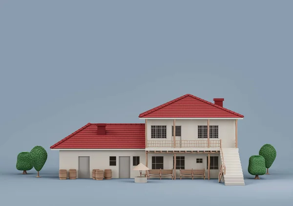 Onroerend Goed Eengezinswoning Met Bomen Miniatuur Huis Model Wit Rood — Stockfoto