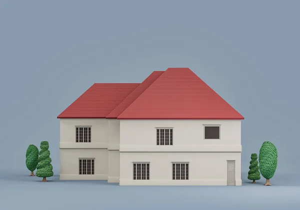 Нерухомість Окремий Будинок Деревами Мініатюрний Будинок Модель Білого Червоного Кольорів — стокове фото