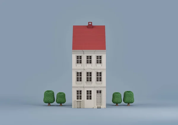 Immobilien Einzelhaus Mit Bäumen Miniaturmodell Weißer Und Roter Farben Rendering — Stockfoto