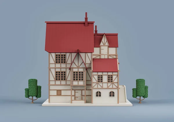 房地产 单栋村屋 迷你房屋模型 白色和红色 3D渲染 — 图库照片