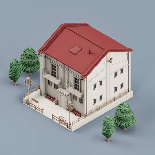 Isometrisches Einfamilienhaus Mit Bäumen Miniatur Einfamilienhausmodell Weiße Und Rote Farben — Stockfoto