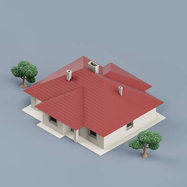 Izometryczny Dom Wolnostojący Drzewami Miniaturowy Dom Wolnostojący Model Bieli Czerwieni — Zdjęcie stockowe