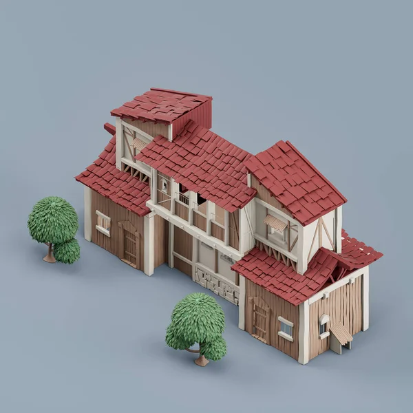 Nieruchomo Izometryczna Dom Jednorodzinny Drzewami Nieruchomo Miniaturowa Dom Bia Czerwone — Zdjęcie stockowe