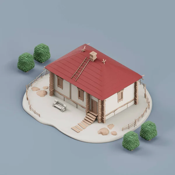 Isometric Property Single Village Detached House Trees Miniature Detached House — Stockfoto