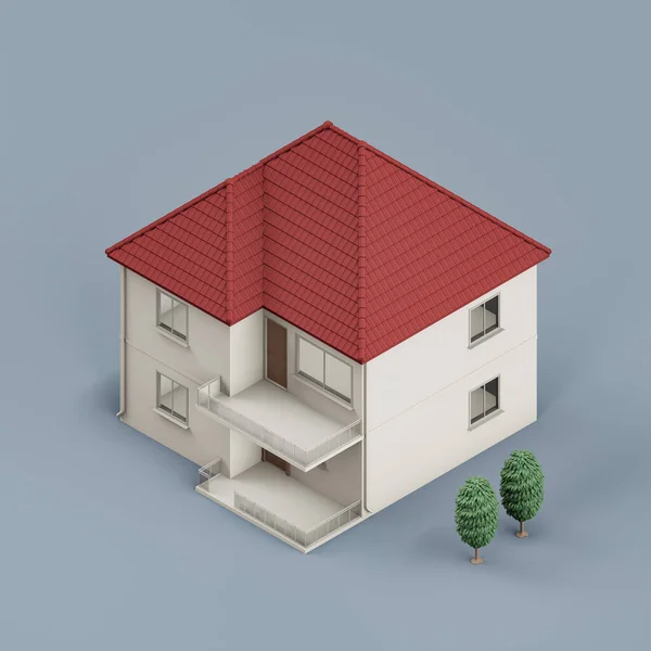 Rumah Isometric Dengan Pohon Miniatur Properti Real Estate Rumah Warna — Stok Foto
