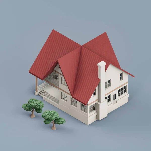 Ізометричний Будинок Деревами Мініатюрна Нерухомість Будинок Біло Червоного Кольору Рендеринг — стокове фото