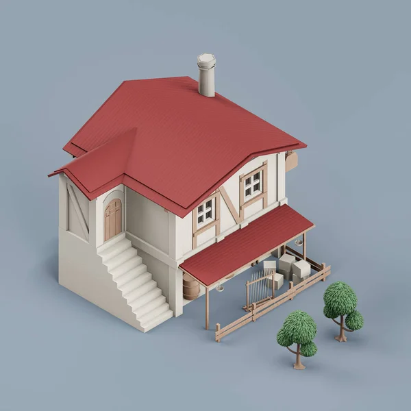 Isometric Memisah Rumah Dengan Pohon Miniatur Terlepas Model Rumah Warna — Stok Foto