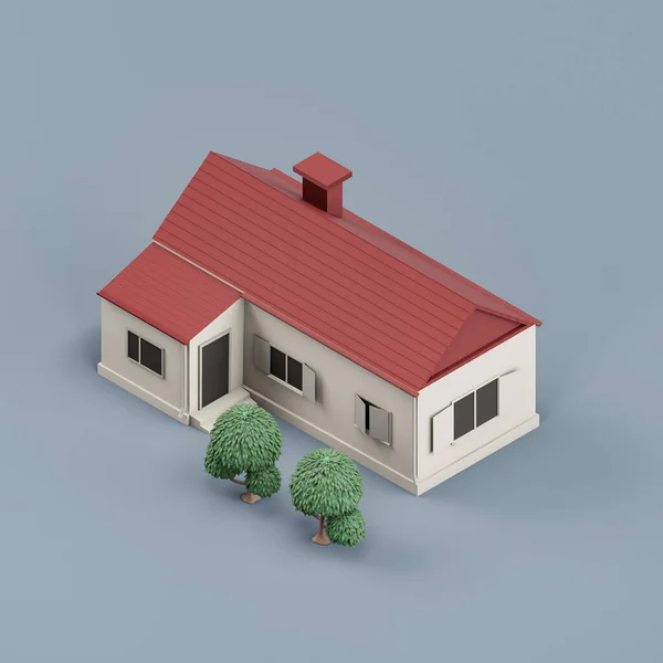 Isometric Detached House Trees Miniature Detached House Model White Red — Zdjęcie stockowe