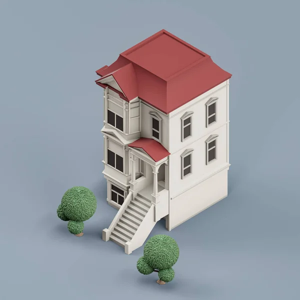 Isometrisches Haus Mit Bäumen Miniatur Immobilien Ein Haus Weiß Und — Stockfoto