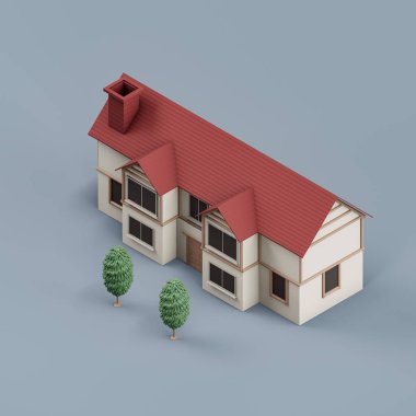 Ağaçlı, minyatür gayrimenkullü, beyaz ve kırmızı renklerde, 3D renkte, yüksek çözünürlüklü, hiç kimse.