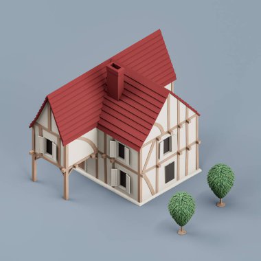 Isometric mülk, ağaçlı tek köy evi, minyatür emlak mülkü, beyaz ve kırmızı renkler, 3D renkler, yüksek çözünürlük, hiç kimse.