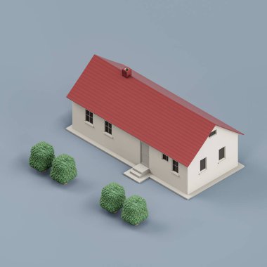 Ağaçları olan Isometric ayrık ev, minyatür ayrık ev modeli beyaz ve kırmızı renkler, 3D renkler, yüksek çözünürlük, hiç kimse