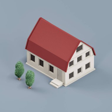 Ağaçları olan Isometric ayrık ev, minyatür ayrık ev modeli beyaz ve kırmızı renkler, 3D renkler, yüksek çözünürlük, hiç kimse