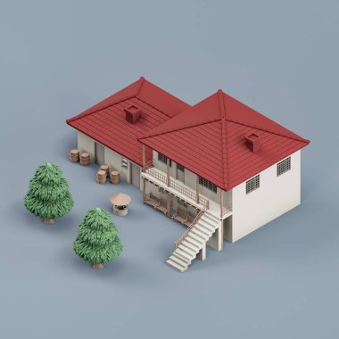 Ağaçlı, minyatür gayrimenkullü, beyaz ve kırmızı renklerde, 3D renkte, yüksek çözünürlüklü, hiç kimse.