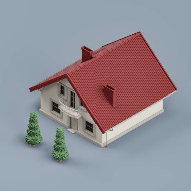 Ağaçları olan Isometric ayrık ev, minyatür ayrık ev modeli beyaz ve kırmızı renkler, 3D renkler, yüksek çözünürlük, hiç kimse