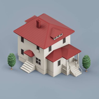 Ağaçlı, minyatür gayrimenkullü, beyaz ve kırmızı renklerde, 3D renkte, yüksek çözünürlüklü, hiç kimse.