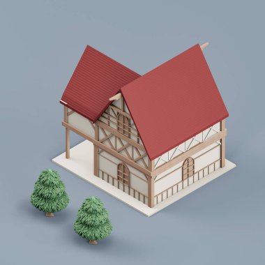 Isometric mülk, ağaçlı tek köy evi, minyatür emlak mülkü, beyaz ve kırmızı renkler, 3D renkler, yüksek çözünürlük, hiç kimse.