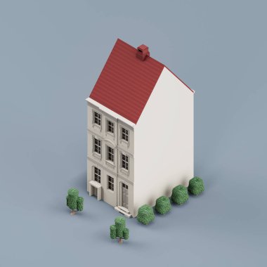 Ağaçlı, minyatür gayrimenkullü, beyaz ve kırmızı renklerde, 3D renkte, yüksek çözünürlüklü, hiç kimse.