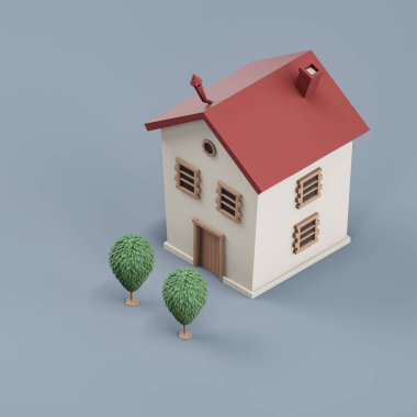 Ağaçları olan Isometric ayrık ev, minyatür ayrık ev modeli beyaz ve kırmızı renkler, 3D renkler, yüksek çözünürlük, hiç kimse