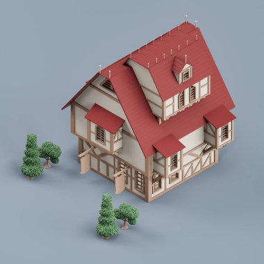 Isometric mülk, ağaçlı tek köy evi, minyatür emlak mülkü, beyaz ve kırmızı renkler, 3D renkler, yüksek çözünürlük, hiç kimse.