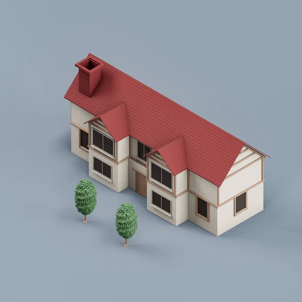 Isometric House Trees Miniature Real Estate Property House White Red — Zdjęcie stockowe