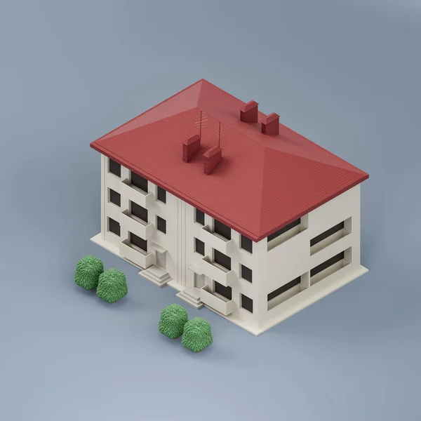 Isometrisches Immobilienhochhaus Mehrstöckiges Gebäude Mit Bäumen Miniaturimmobilien Ein Haus Weißen — Stockfoto