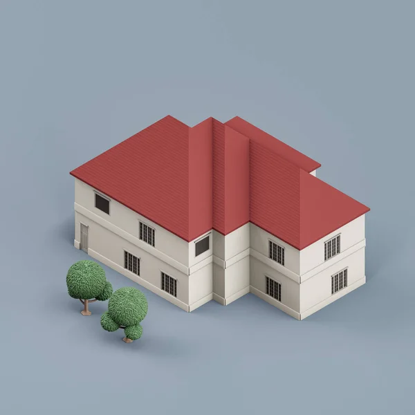 Isometric House Trees Miniature Real Estate Property House White Red — Zdjęcie stockowe