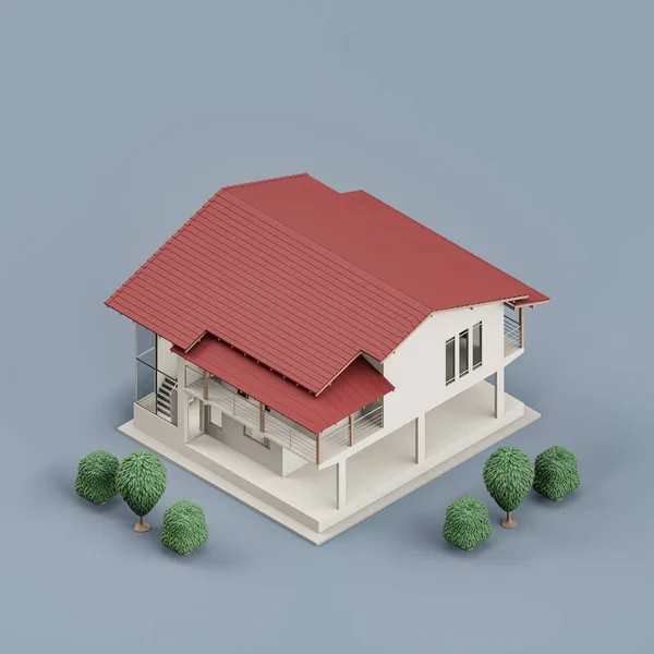 Isometrische Huis Met Bomen Miniatuur Onroerend Goed Een Huis Met — Stockfoto