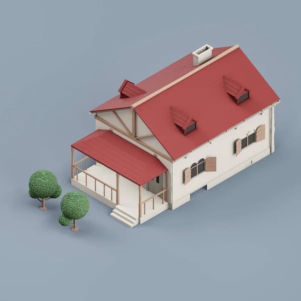 Izometrický Samostatný Dům Stromy Miniaturní Samostatný Model Domu Bílé Červené — Stock fotografie