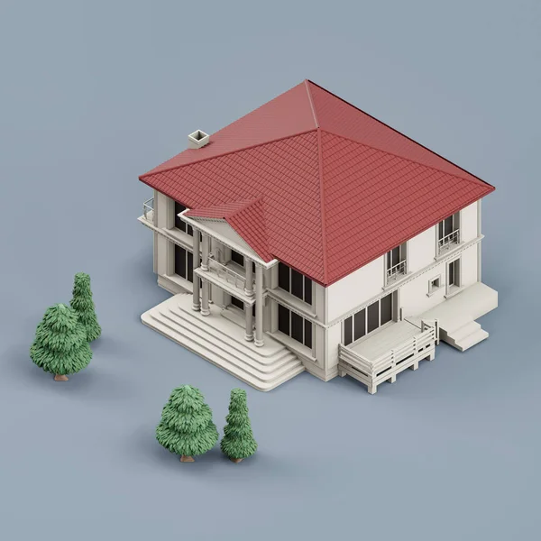 Ізометричний Будинок Деревами Мініатюрна Нерухомість Будинок Біло Червоного Кольору Рендеринг — стокове фото