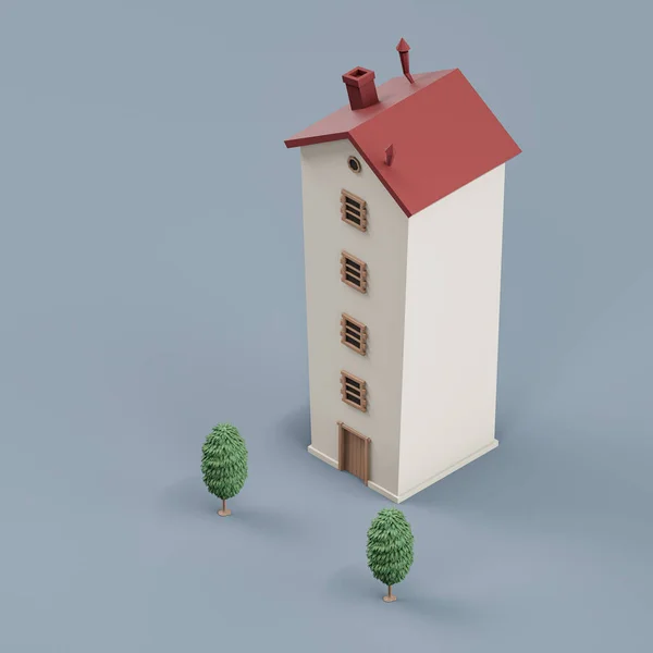 Isometrica Stilizzata Edificio Sottile Alto Con Alberi Proprietà Immobiliare Miniatura — Foto Stock