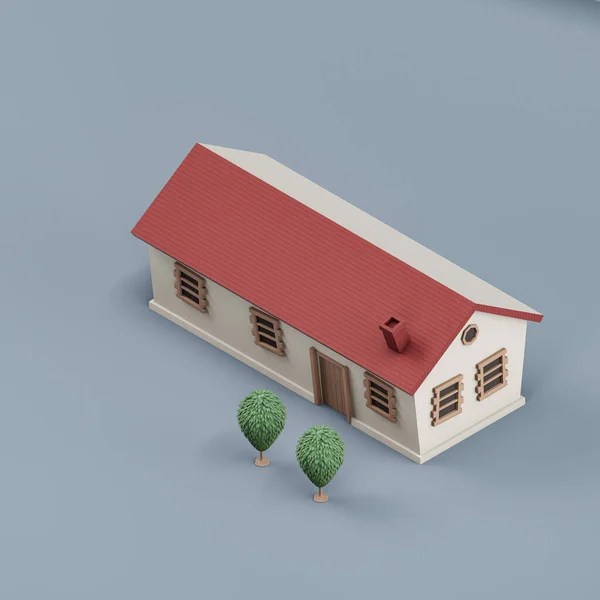 Isometrisches Haus Mit Bäumen Miniatur Immobilien Ein Haus Weiß Und — Stockfoto