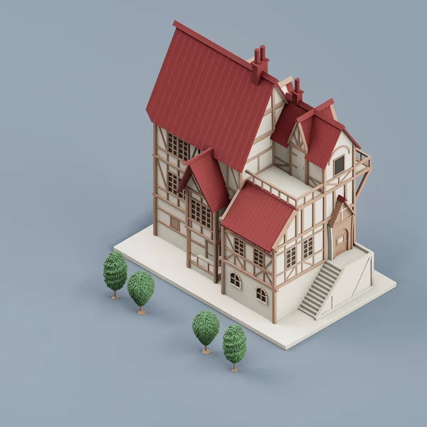 等价物 带有树木的村屋 微型地产 白色和红色房屋 3D渲染 — 图库照片