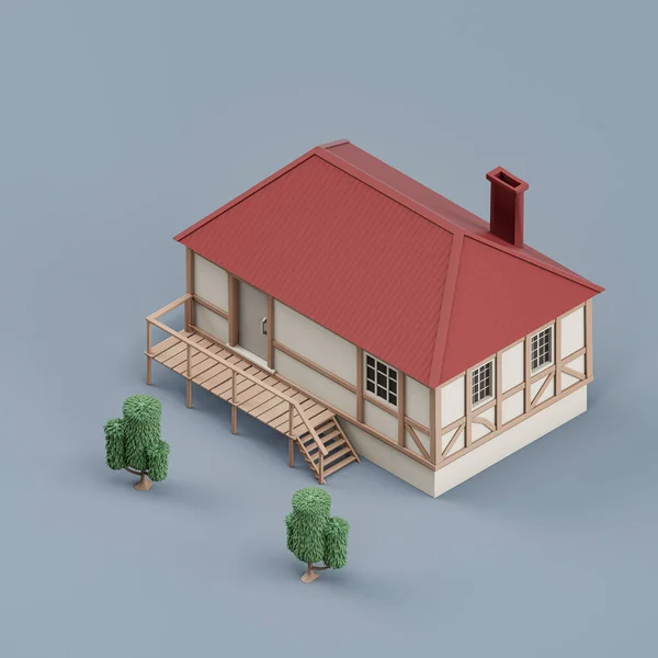 Isometric Property Single Village House Trees Miniature Real Estate Property — Fotografia de Stock