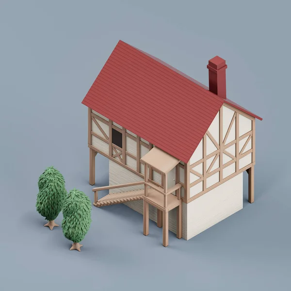 Properti Issometrik Satu Rumah Desa Dengan Pohon Miniatur Properti Real — Stok Foto
