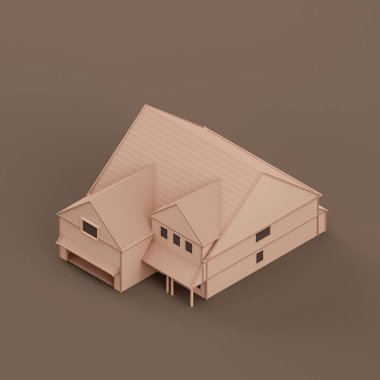 Isometric house, miniature real estate property, a house flat and solid brown color, 3d Rendering, nobody